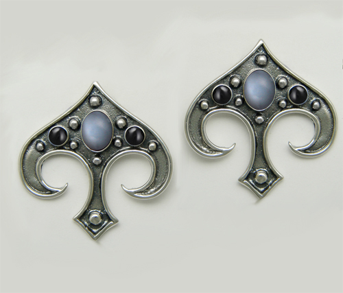 Sterling Silver Gothic Inspired Drop Dangle Earrings With Grey Moonstone And Black Onyx